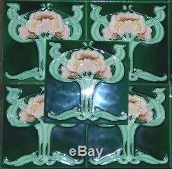 10 Green Art Nouveau Floral Majolica Tile Chinese 6 x 6 8 Millimeter THICK NOS