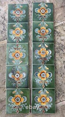 10 Stunning Original Art Nouveau Tube lined Tiles from Fireplace Floral 1902