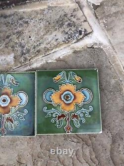 10 Stunning Original Art Nouveau Tube lined Tiles from Fireplace Floral 1902