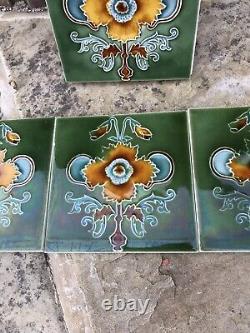 10 Stunning Original Art Nouveau Tube lined Tiles from Fireplace Floral 1902