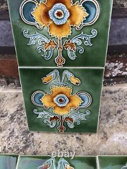 10 Stunning Original Art Nouveau Tube lined Tiles from Fireplace Floral 1902