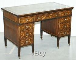 115cm Victorian Rosewood Marquetry Inlaid Writing Partner Desk Green Leather