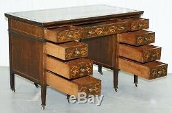 115cm Victorian Rosewood Marquetry Inlaid Writing Partner Desk Green Leather