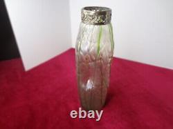 12 inch ANTIQUE GREEN ART NOUVEAU THREADED ART GLASS VASE with METAL COLLAR