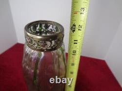 12 inch ANTIQUE GREEN ART NOUVEAU THREADED ART GLASS VASE with METAL COLLAR