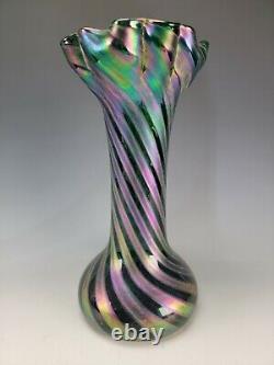 13.5 Antique Rindskopf Art Nouveau Iridescent Banded Striped Art Glass Vase