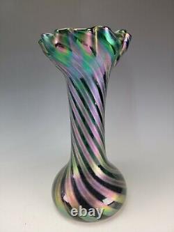 13.5 Antique Rindskopf Art Nouveau Iridescent Banded Striped Art Glass Vase