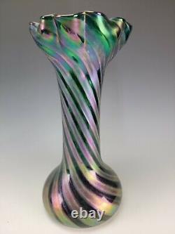 13.5 Antique Rindskopf Art Nouveau Iridescent Banded Striped Art Glass Vase