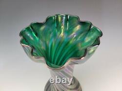 13.5 Antique Rindskopf Art Nouveau Iridescent Banded Striped Art Glass Vase