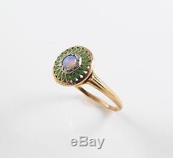 14k Gold Arts & Crafts Style Green Plique A Jour Enamel Cabochon Opal Ring