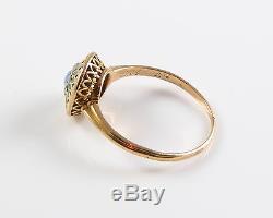 14k Gold Arts & Crafts Style Green Plique A Jour Enamel Cabochon Opal Ring
