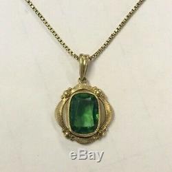 14k Yellow Gold Art Nouveau Simulated Dark Green Emerald Frame Necklace