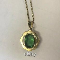 14k Yellow Gold Art Nouveau Simulated Dark Green Emerald Frame Necklace