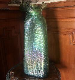 15 LARGE Antique Loetz Green Iridescent Art Glass Vase Crete Chine Chiné Aurene