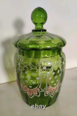 1800s Art Nouveau Green Glass Jar With Lid Enameled Wisteria And Ribbon Design