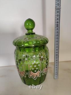 1800s Art Nouveau Green Glass Jar With Lid Enameled Wisteria And Ribbon Design