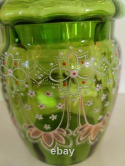1800s Art Nouveau Green Glass Jar With Lid Enameled Wisteria And Ribbon Design