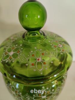 1800s Art Nouveau Green Glass Jar With Lid Enameled Wisteria And Ribbon Design