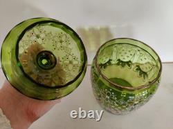 1800s Art Nouveau Green Glass Jar With Lid Enameled Wisteria And Ribbon Design