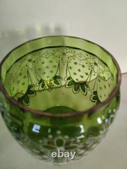 1800s Art Nouveau Green Glass Jar With Lid Enameled Wisteria And Ribbon Design