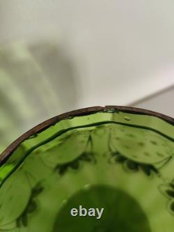 1800s Art Nouveau Green Glass Jar With Lid Enameled Wisteria And Ribbon Design