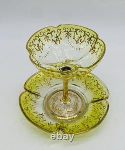 1880Art Nouveau Bohemian MOSER Green Ombré Glass Dish And Underplate Gold Gilded