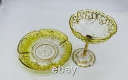 1880Art Nouveau Bohemian MOSER Green Ombré Glass Dish And Underplate Gold Gilded