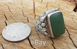 1890's Antique Art Nouveau Green Jade Sterling Silver Repousse Chestnut Ring