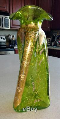1890's MOSER Art Nouveau Rare Blown Twisted Vase Enameled & 22K Gold 14 Tall