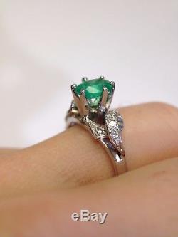 18K White Gold Art Deco Vivid Blue Green Colombian Emerald Diamond Ring Size 5.5