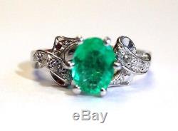 18K White Gold Art Deco Vivid Blue Green Colombian Emerald Diamond Ring Size 5.5