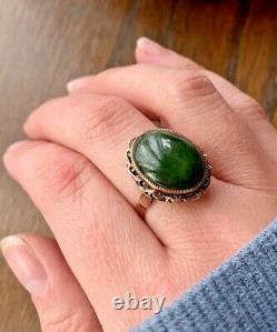 18k Rose GOLD Cabochon Nephrite JADE Art Nouveau Antique Ring Filigree Green RAR