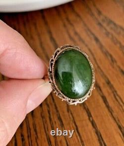 18k Rose GOLD Cabochon Nephrite JADE Art Nouveau Antique Ring Filigree Green RAR