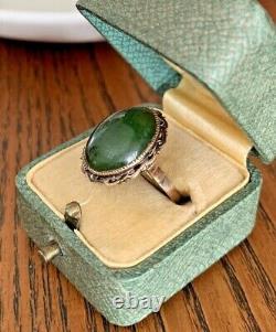 18k Rose GOLD Cabochon Nephrite JADE Art Nouveau Antique Ring Filigree Green RAR