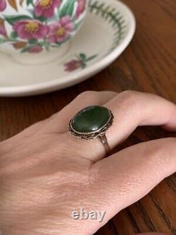 18k Rose GOLD Cabochon Nephrite JADE Art Nouveau Antique Ring Filigree Green RAR