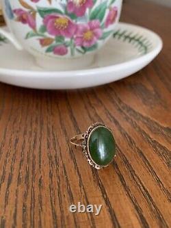 18k Rose GOLD Cabochon Nephrite JADE Art Nouveau Antique Ring Filigree Green RAR