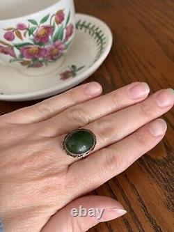 18k Rose GOLD Cabochon Nephrite JADE Art Nouveau Antique Ring Filigree Green RAR