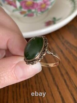 18k Rose GOLD Cabochon Nephrite JADE Art Nouveau Antique Ring Filigree Green RAR
