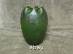 1900 Art Nouveau Green Satin Glass Vase Carl Goldberg Silver Overlay Arabesque