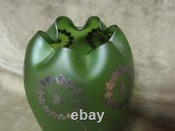 1900 Art Nouveau Green Satin Glass Vase Carl Goldberg Silver Overlay Arabesque