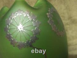 1900 Art Nouveau Green Satin Glass Vase Carl Goldberg Silver Overlay Arabesque