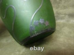 1900 Art Nouveau Green Satin Glass Vase Carl Goldberg Silver Overlay Arabesque