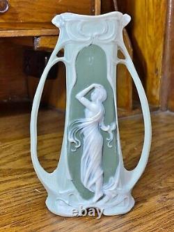 1900 Schafer Vater German Bisque Green Jasperware Art Nouveau Maiden Bud Vase