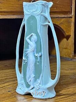 1900 Schafer Vater German Bisque Green Jasperware Art Nouveau Maiden Bud Vase