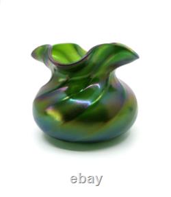 1900's Art Nouveau green iridescent antique glass vase, Bohemia