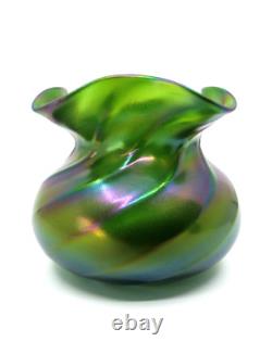 1900's Art Nouveau green iridescent antique glass vase, Bohemia