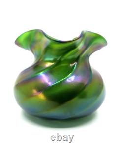 1900's Art Nouveau green iridescent antique glass vase, Bohemia