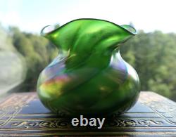 1900's Art Nouveau green iridescent antique glass vase, Bohemia