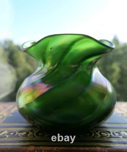 1900's Art Nouveau green iridescent antique glass vase, Bohemia