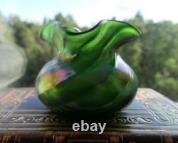 1900's Art Nouveau green iridescent antique glass vase, Bohemia
